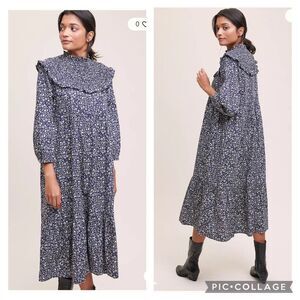 Anthropologie Meadows Jasmine Frilled Printed smocked bib Midi Dress s/m